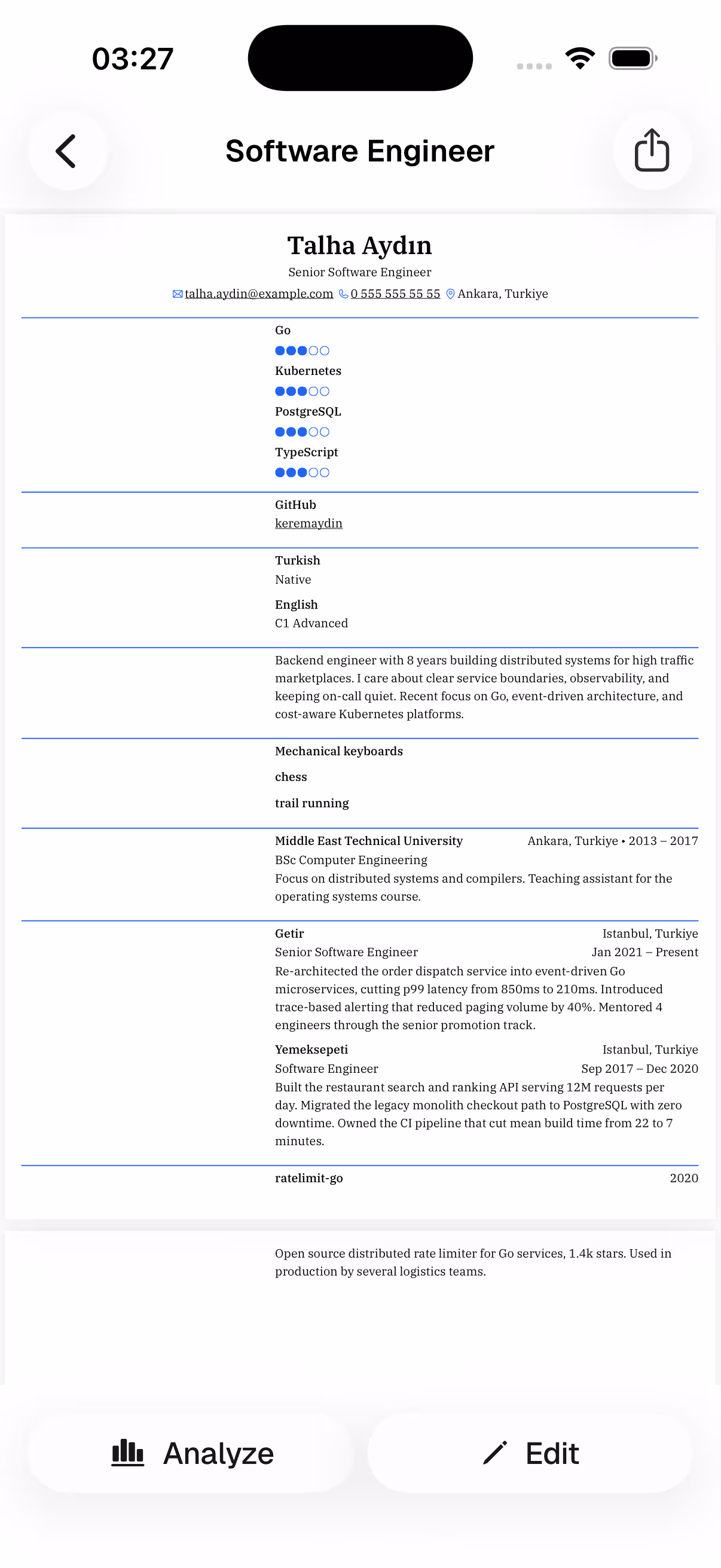 Rung resume preview screen with PDF export and share options