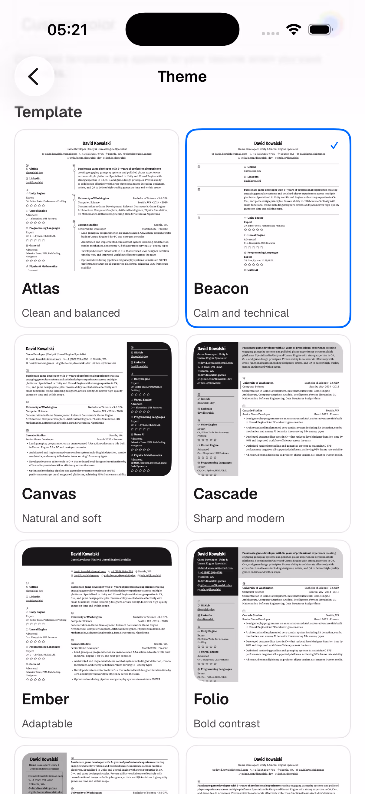 Rung template gallery showing recruiter-ready resume designs